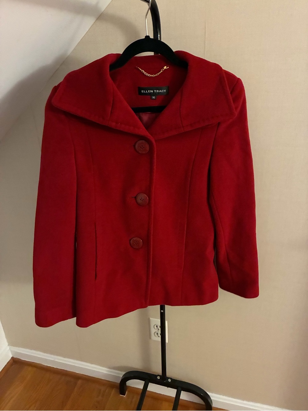 Ellen Tracy Red Wool Pea Coat with Wide Collar - XS